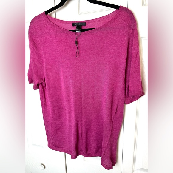 ST. JOHN Pink Lightweight Knit Wool Silk Blouse Shirt Top Boat Neck Pullover - Picture 7 of 12